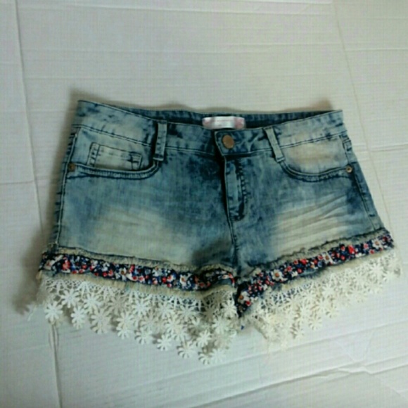 No Boundaries Pants - acid wash embroidered crochet trim  jean shorts